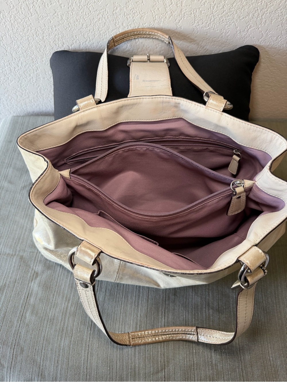 Coach Metallic Silver Leather Tote with Buckle Accent F18751 - Picture 5 of 10